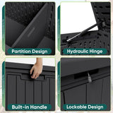 Patioslife outdoor resin deck box detail collage showing partition design, hydraulic hinge, side handle, and lockable lid for organized outdoor storage