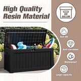 Patioslife outdoor resin deck box feature graphic showing high quality resin material with 120 gallon capacity, anti-UV, anti-corrosion, waterproof protection, and large storage space