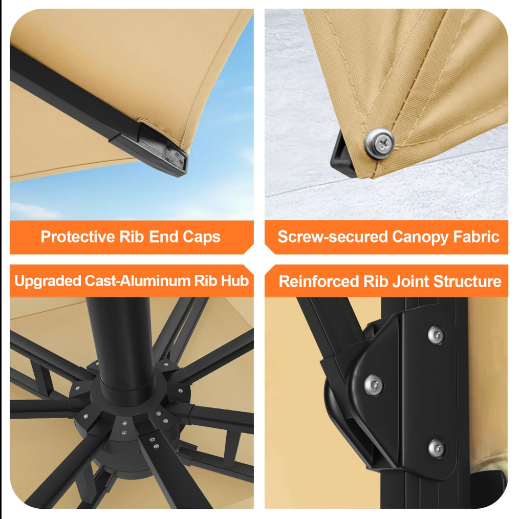 Patioslife Aegis Premium Cantilever Umbrella with Full-Rib LED Strip Lighting, Fibreglass Ribs and Powder-Coated Aluminium Pole for Luxury Garden & Patio Shade