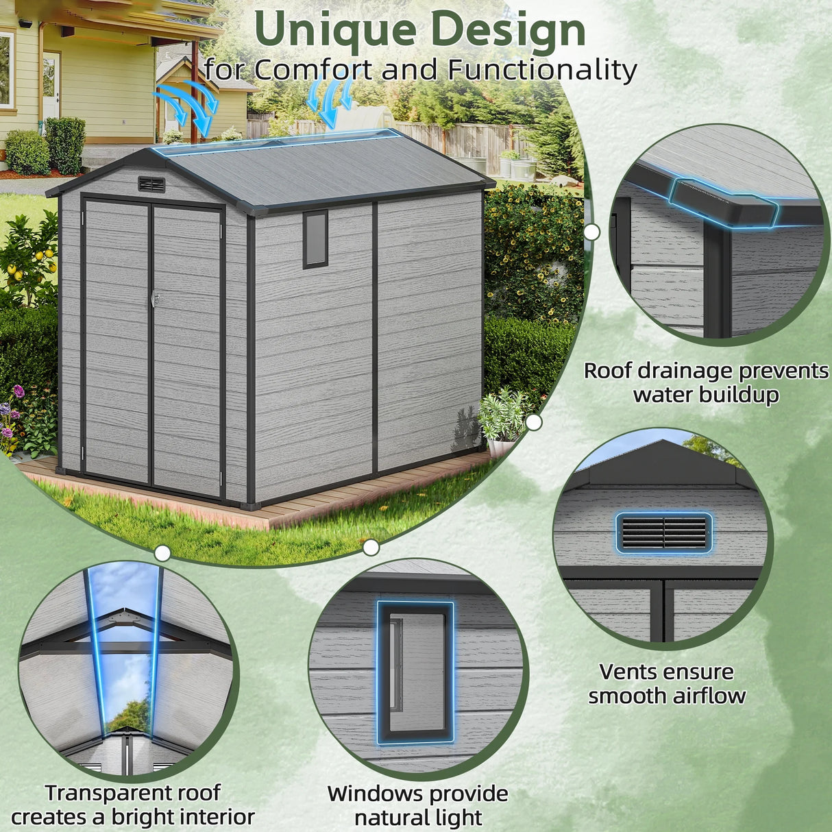Patioslife YardVault resin garden shed with drainage roof, air vent, window and transparent roof panel for natural light