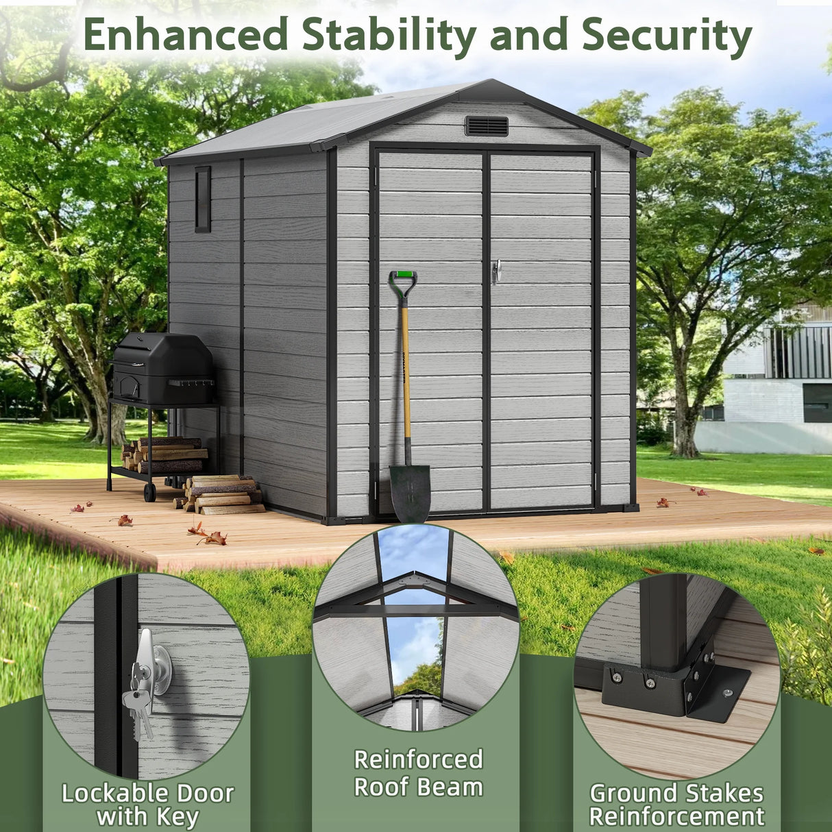 Patioslife YardVault resin storage shed with lockable double doors, reinforced roof beam and ground stakes on a backyard deck