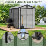 Patioslife YardVault resin storage shed with lockable double doors, reinforced roof beam and ground stakes on a backyard deck
