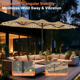 Patioslife Aegis Premium double-sided patio umbrella with reinforced triangular support, heavy-duty connectors and integrated control hub