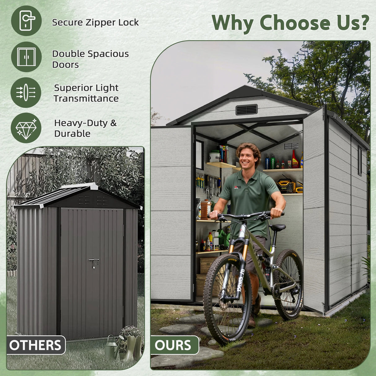 Patioslife YardVault resin storage shed with spacious double doors, secure zipper lock, light transmission and heavy-duty design